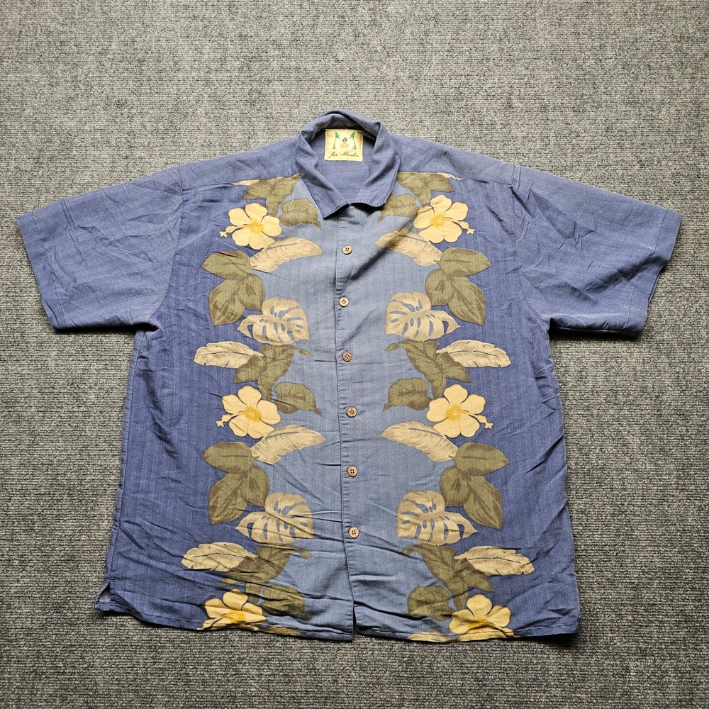 Joe Marlin Mens Large Blue Tropical Hibiscus Monstera Short Sleeve Button Down